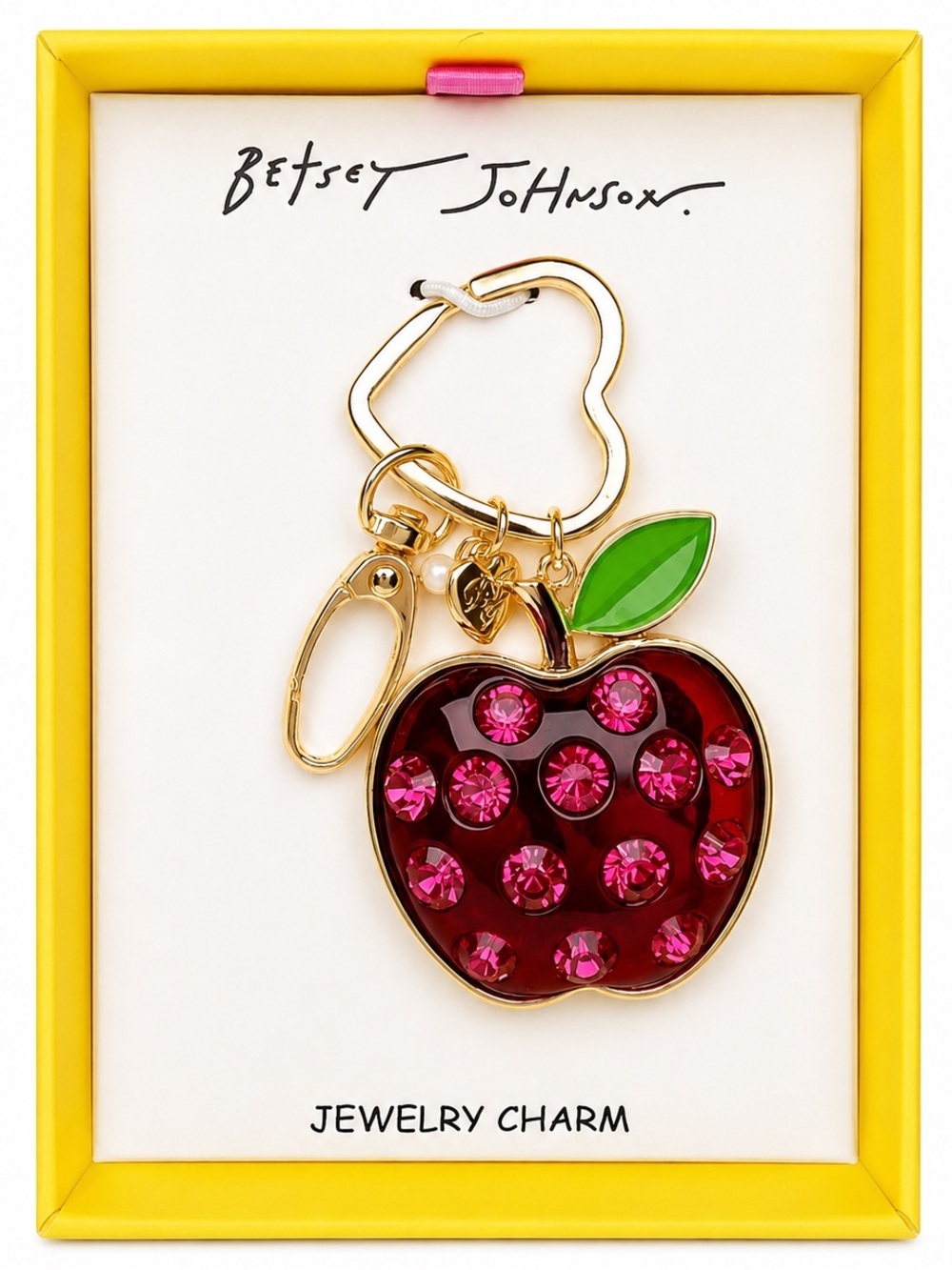 Betsey Johnson Red Crystal Apple Bag Charm Gold Keychain Purse Accessory NWT